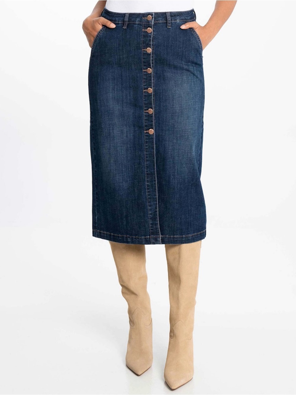 Classic Button-Front Dark Blue Denim Midi Skirt
